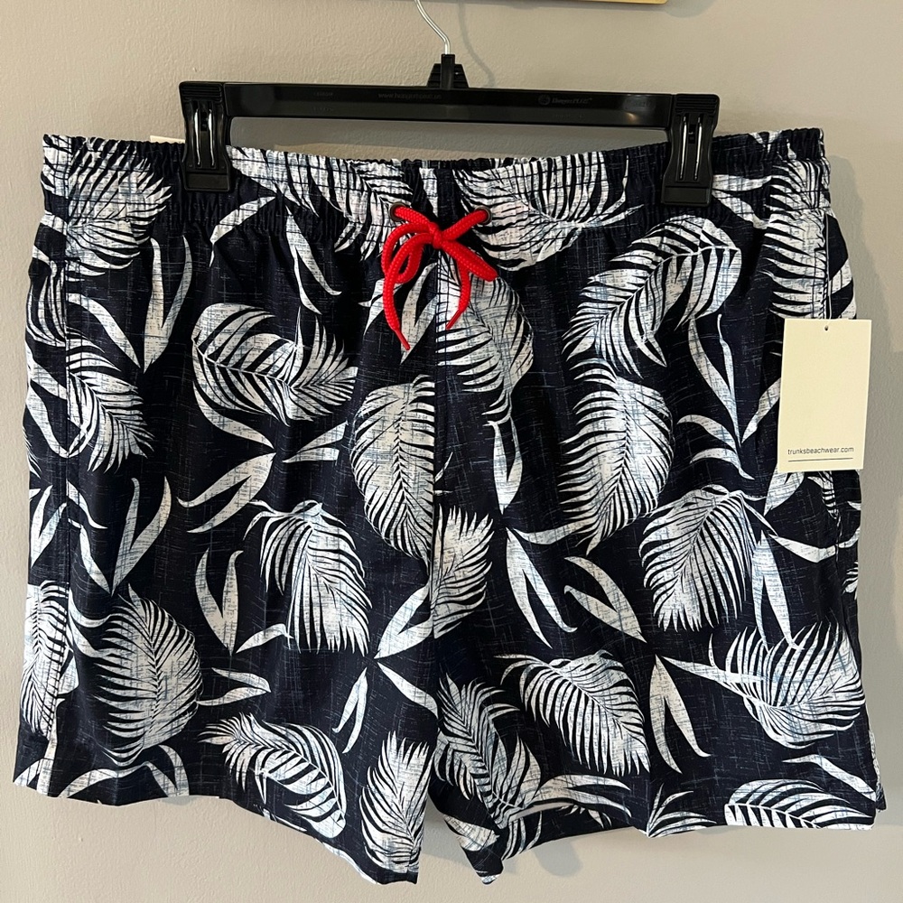 Leaf Print Navy and White Shorts/ Swim Trunks with Red Drawstring